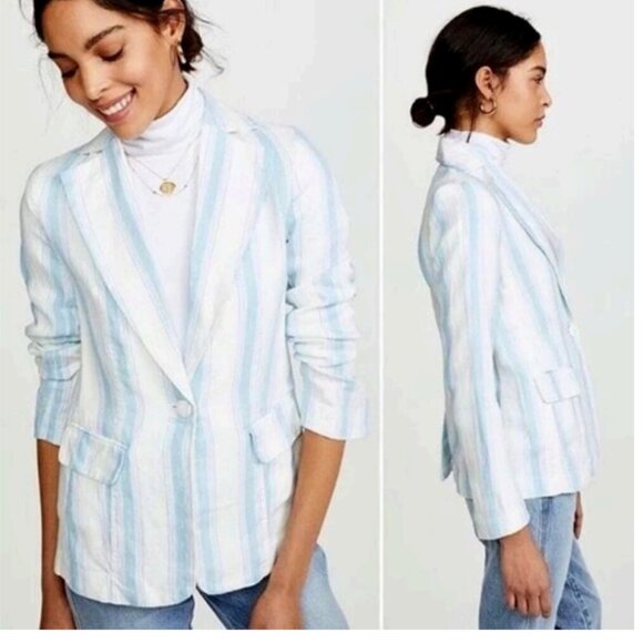 Frame Denim Jackets & Blazers - FRAME Classic Stripe Linen Blue White Blazer Size 4